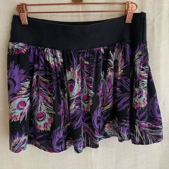 Peacock Feather Mini Skirt Womens Size M Purple Black Lily White VTG Boho Indie - Picture 1 of 12